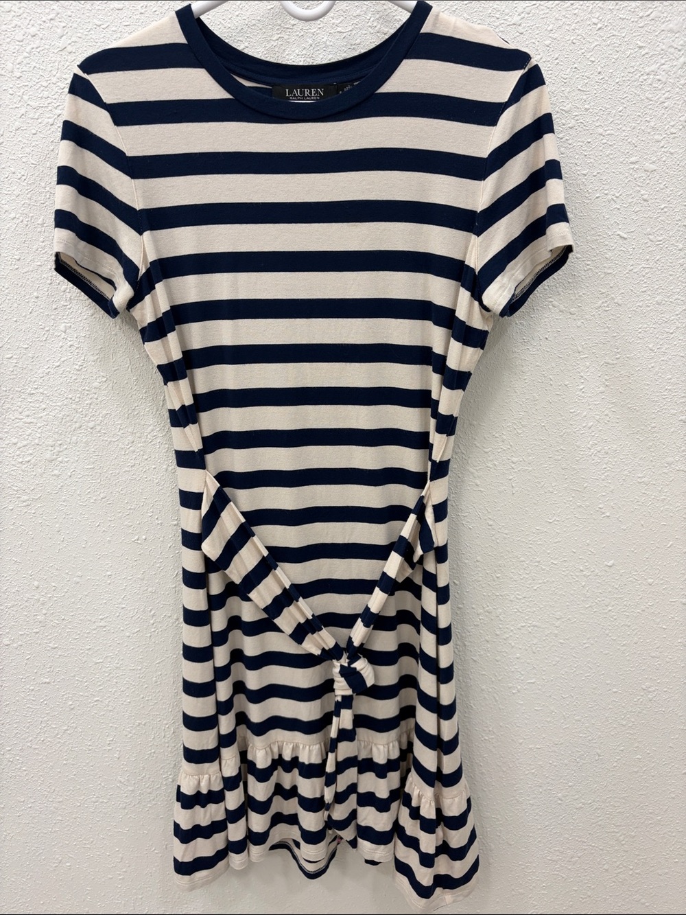 Lauren Ralph Lauren Navy and Cream Striped Knot-Front Tee Dress